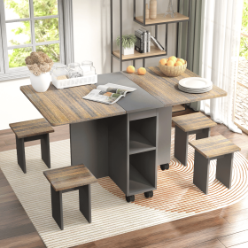5 Pieces Folding Extendable Dining Table Set with 4 Chairs for 4 Peoples