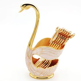 1pc Coffee Dessert Spoons Set; Swan Base Holder Coffee Spoons Set With 6 Forks Spoons Creative Metal Coffee Dessert Spoon Set For Coffee Dessert (Color: Golden, Items: Fork)
