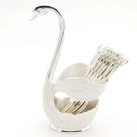 1pc Coffee Dessert Spoons Set; Swan Base Holder Coffee Spoons Set With 6 Forks Spoons Creative Metal Coffee Dessert Spoon Set For Coffee Dessert (Color: Silvery, Items: Fork)